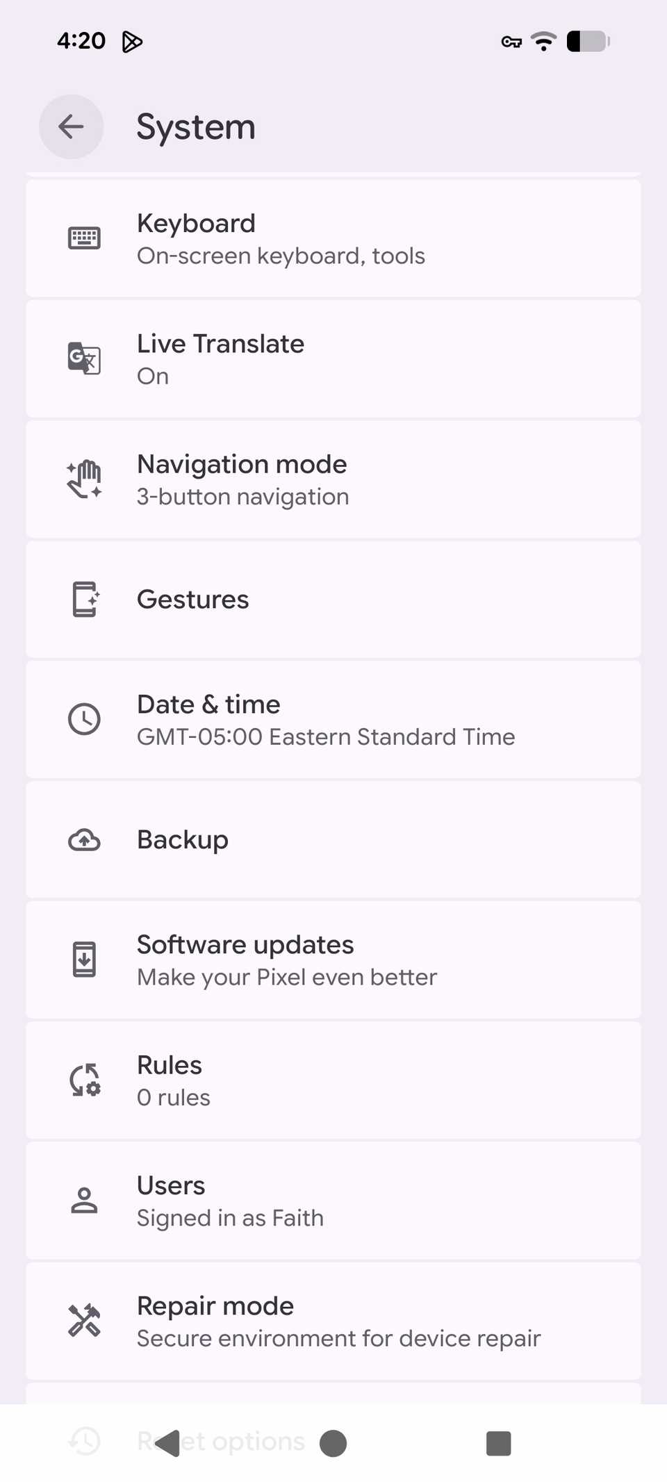 A list of system settings for a Pixel phone on Android 16