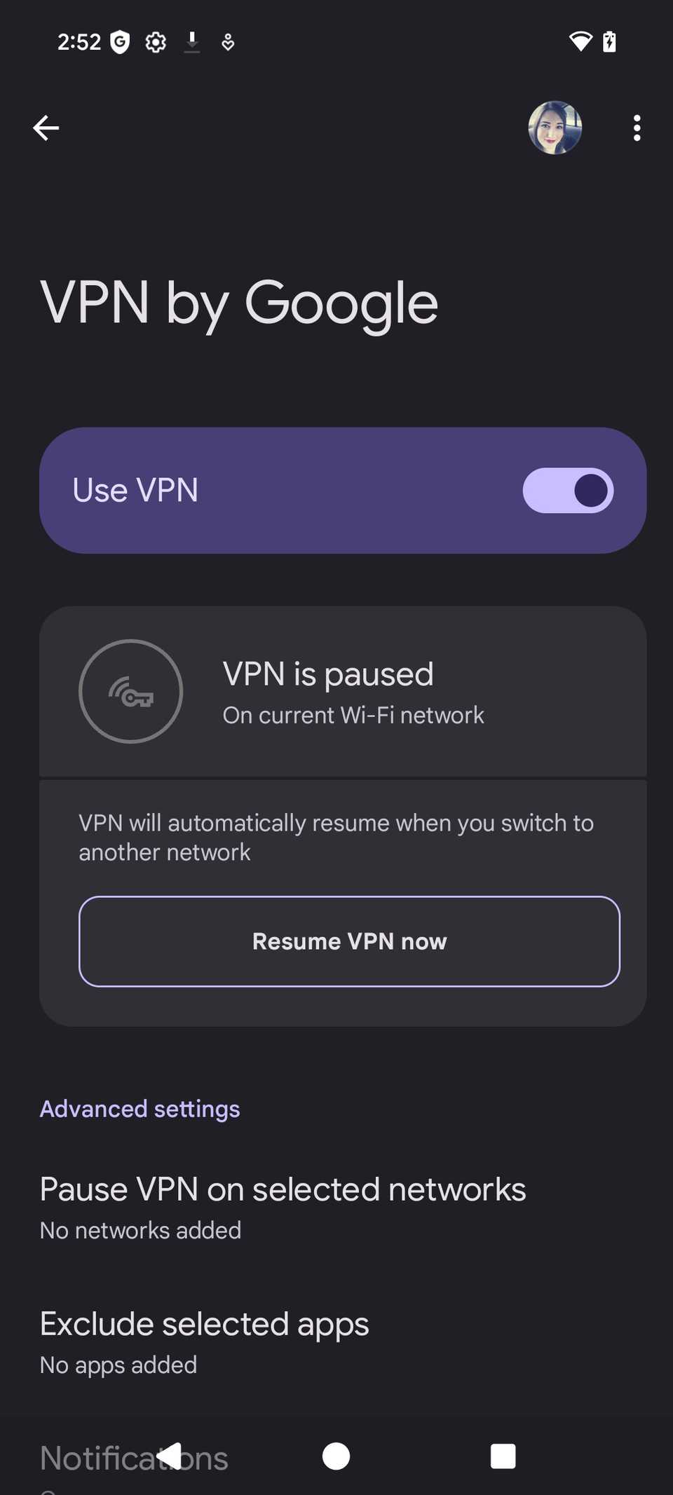 anteprima della VPN da parte di Google su un pixel con il pulsante usa VPN per attivare e ripristinare la VPN ora