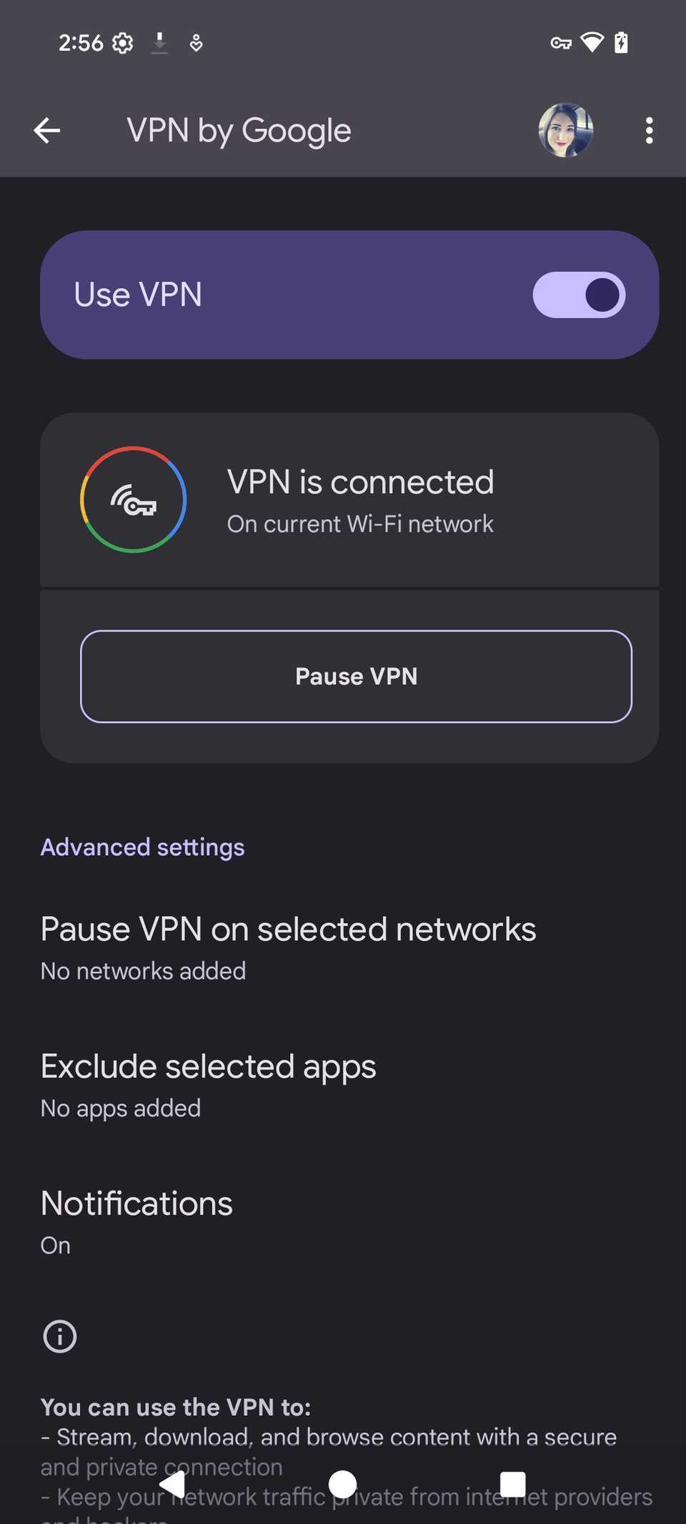 VPN di Google su un dispositivo Pixel che mostra il pulsante di attivazione/disattivazione della VPN con lo stato della VPN attivato