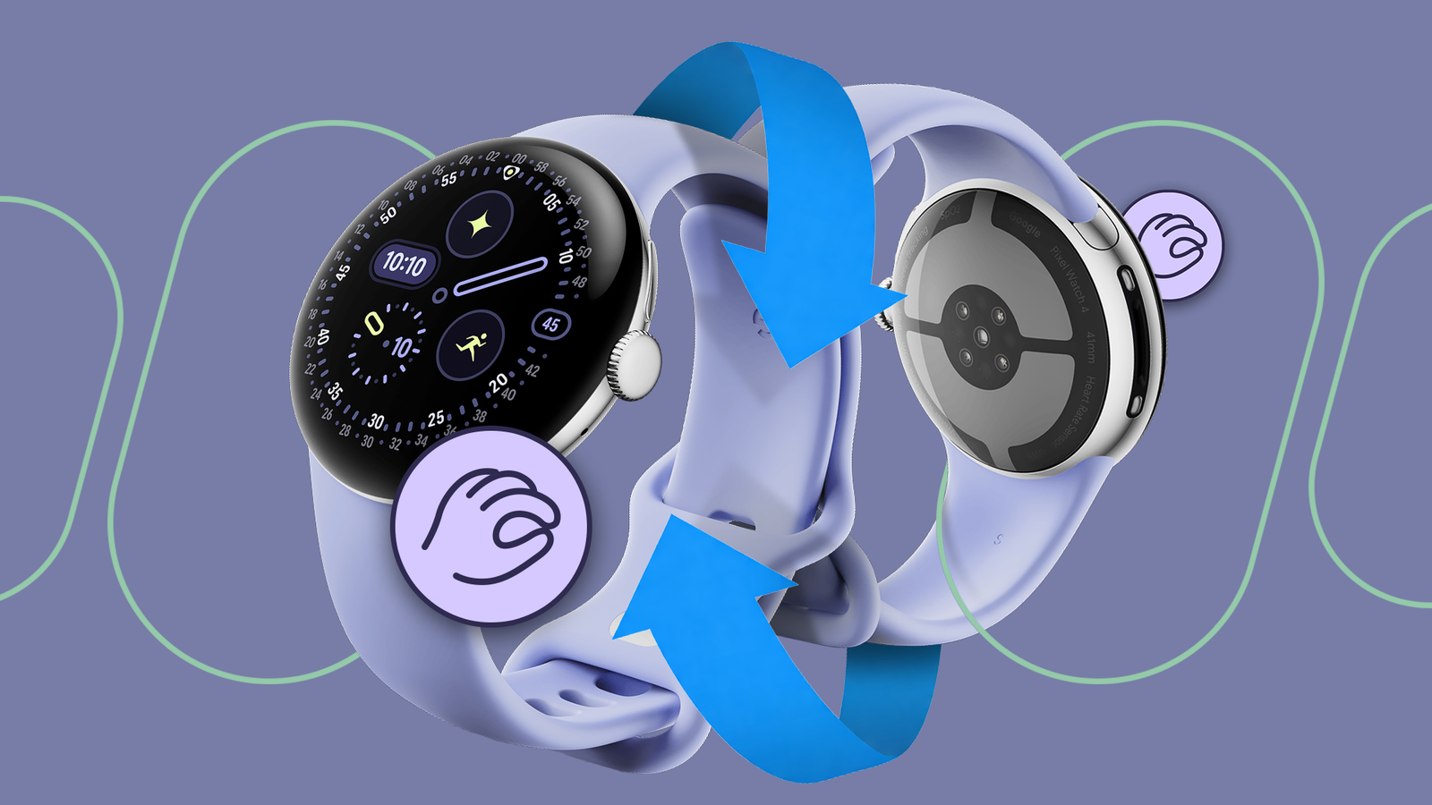 Front and back views of the Pixel Watch 4 with blue cycling arrows and double-pinch gesture icons around it
