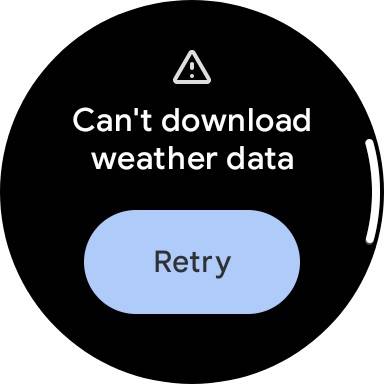 Uno screenshot che mostra il messaggio di avviso sui dati meteo su un Google Pixel Watch
