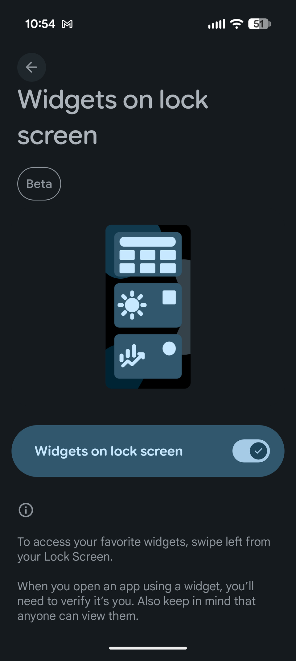 The Widgets on lock screen settings on the Pixel 10.