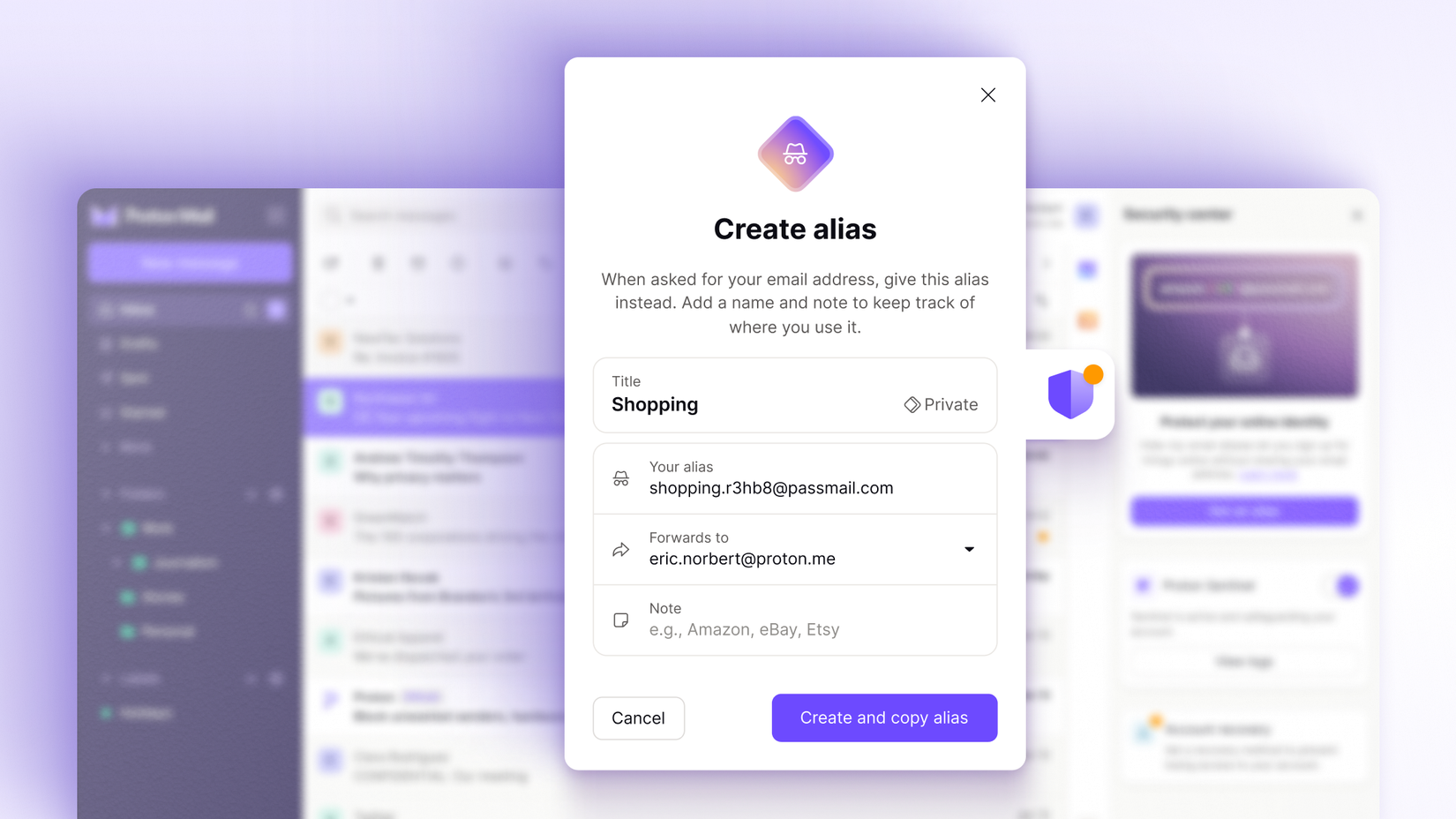Criação de alias no Proton Mail