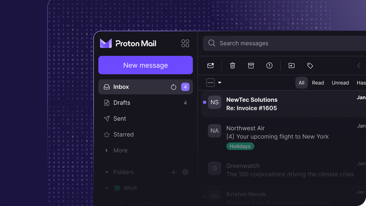 Cropped image of a Proton Mail email inbox