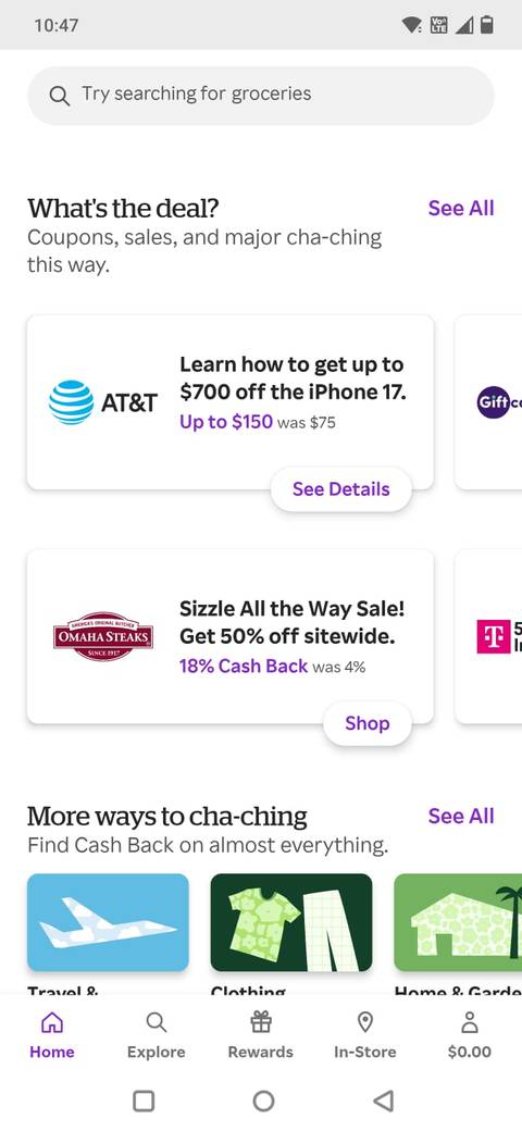 Screenshot showing the offers available on the Rakuten app