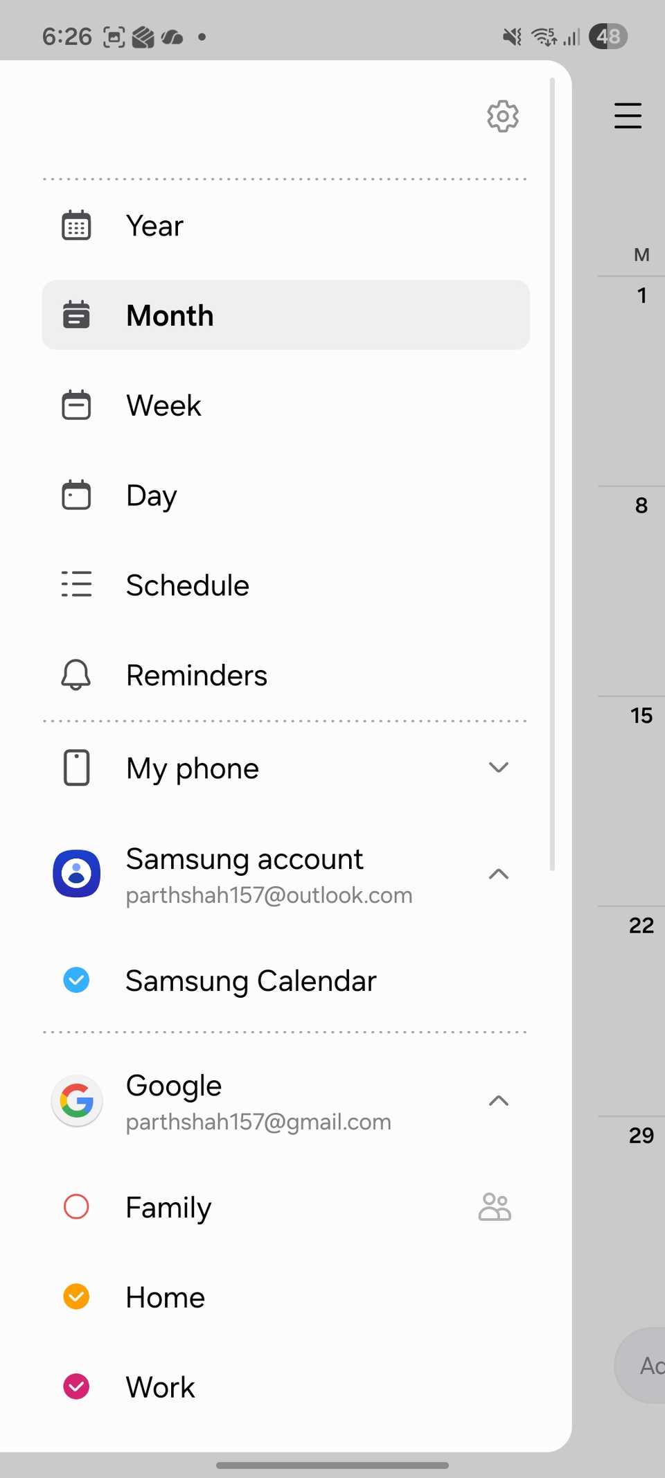 Menu laterale Calendario Samsung