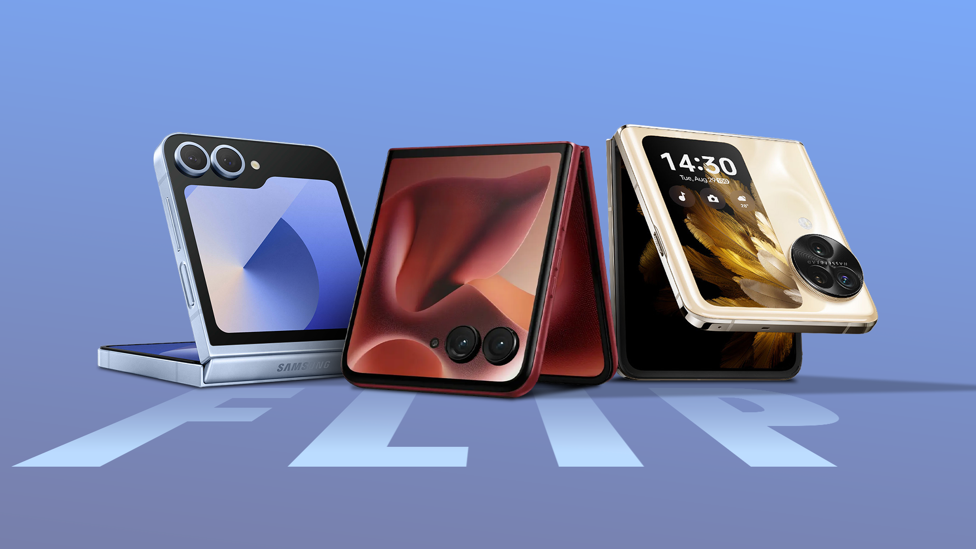 Samsung Galaxy Z Flip, Motorola Razr, and Oppo Find N3 Flip smartphones, above the word 'FLIP' on a blue background.