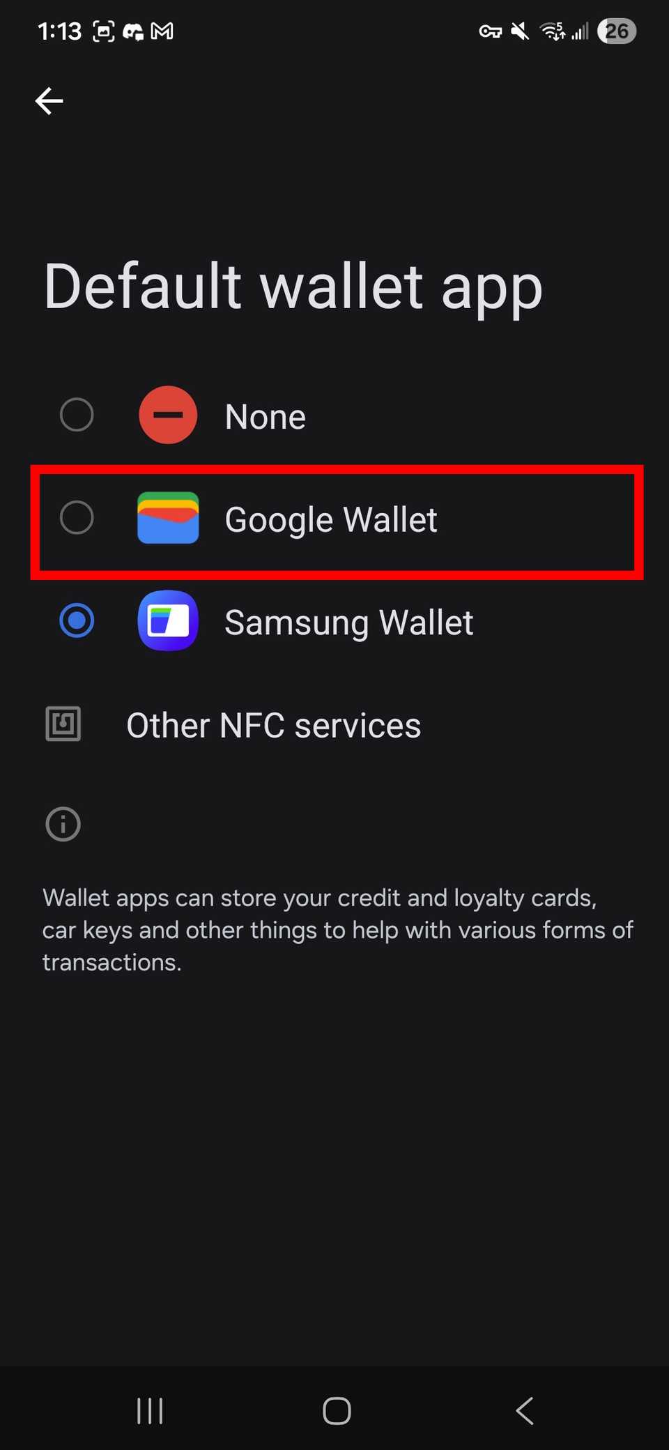 Contorno rettangolare rosso che evidenzia Google Wallet nell'app Wallet predefinita
