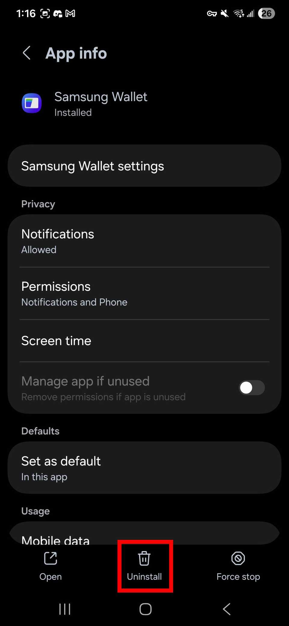 Contorno rettangolare rosso che evidenzia il pulsante Disinstalla nelle informazioni sull'app Samsung Wallet