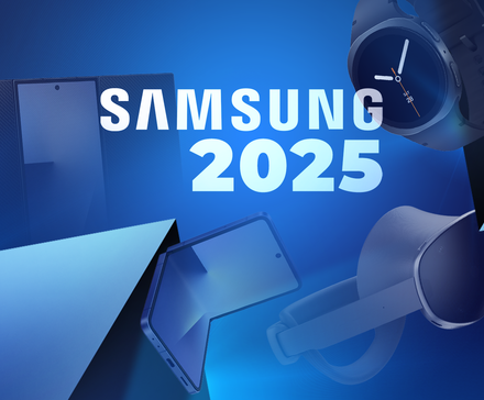 A collage of Samsung devices, including foldable phones, a smartwatch, and a VR headset, surrounding the text 'SAMSUNG 2025' against a blue background