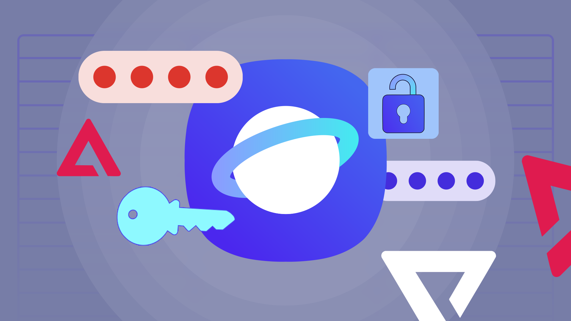 Samsung Internet logo surrounded by password icons, a key, and a padlock.