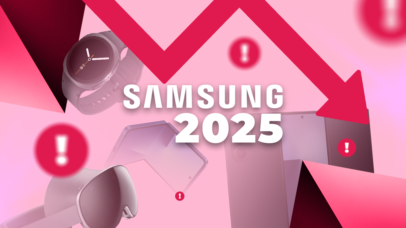 A collage of Samsung devices, including a smartwatch, foldable phones, and a VR headset, surrounding the text 'SAMSUNG 2025' with a large red downward arrow and warning icons around it