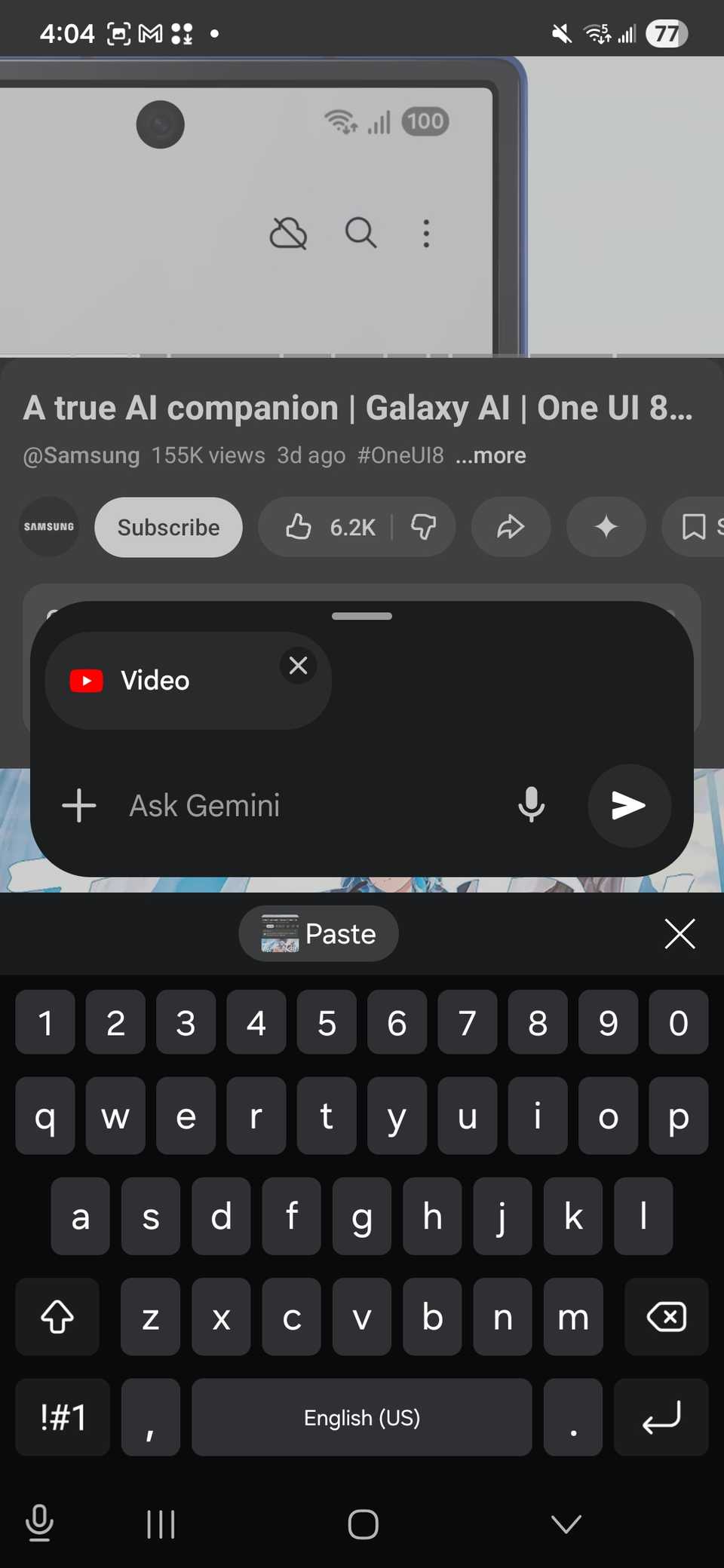 Aggiunta di una domanda alla finestra Chiedi a Gemini basata su un video di Youtube collegato nell'app YouTube