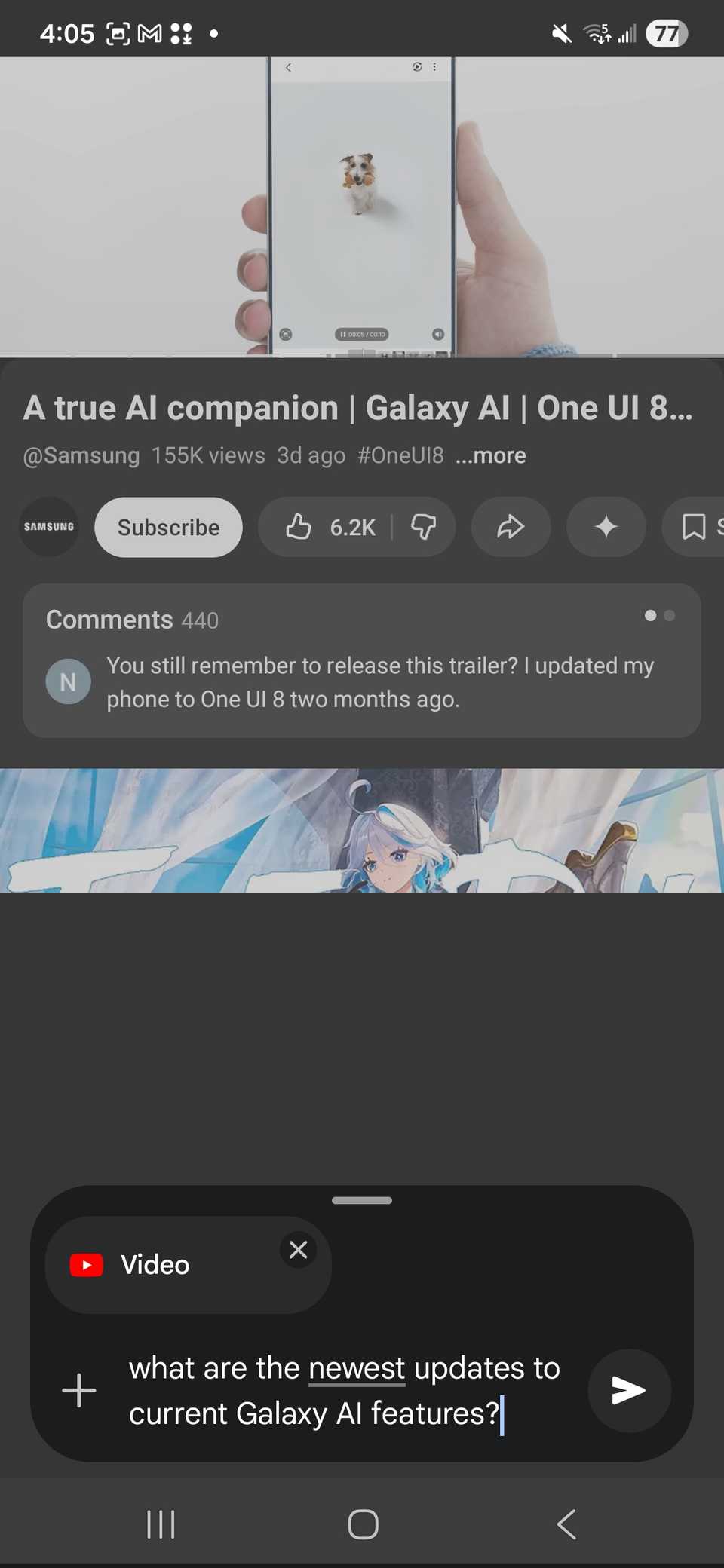 Aggiunta di una domanda a Chiedi a Gemini su un video YouTube collegato nell'app YouTube