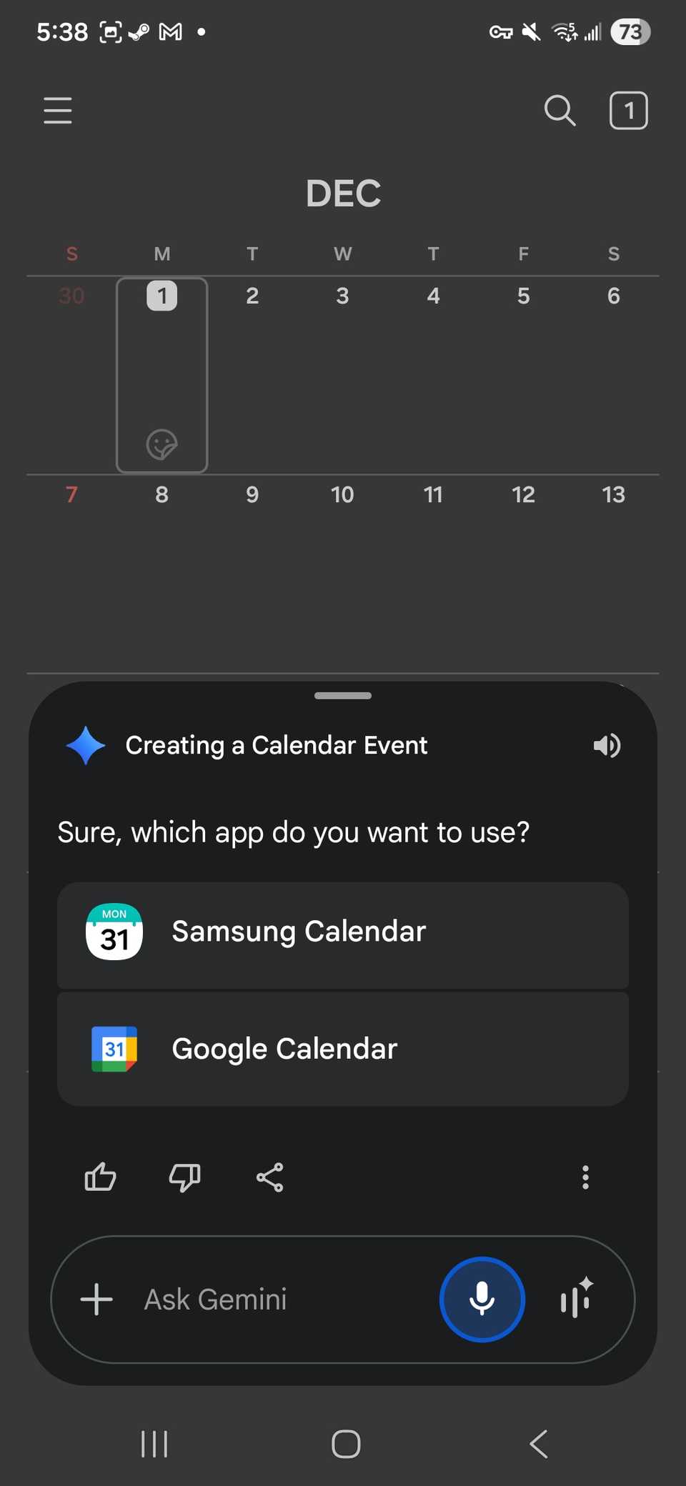 Utilizzo di Chiedi a Gemini per creare un evento del calendario e scelta dell'app da utilizzare