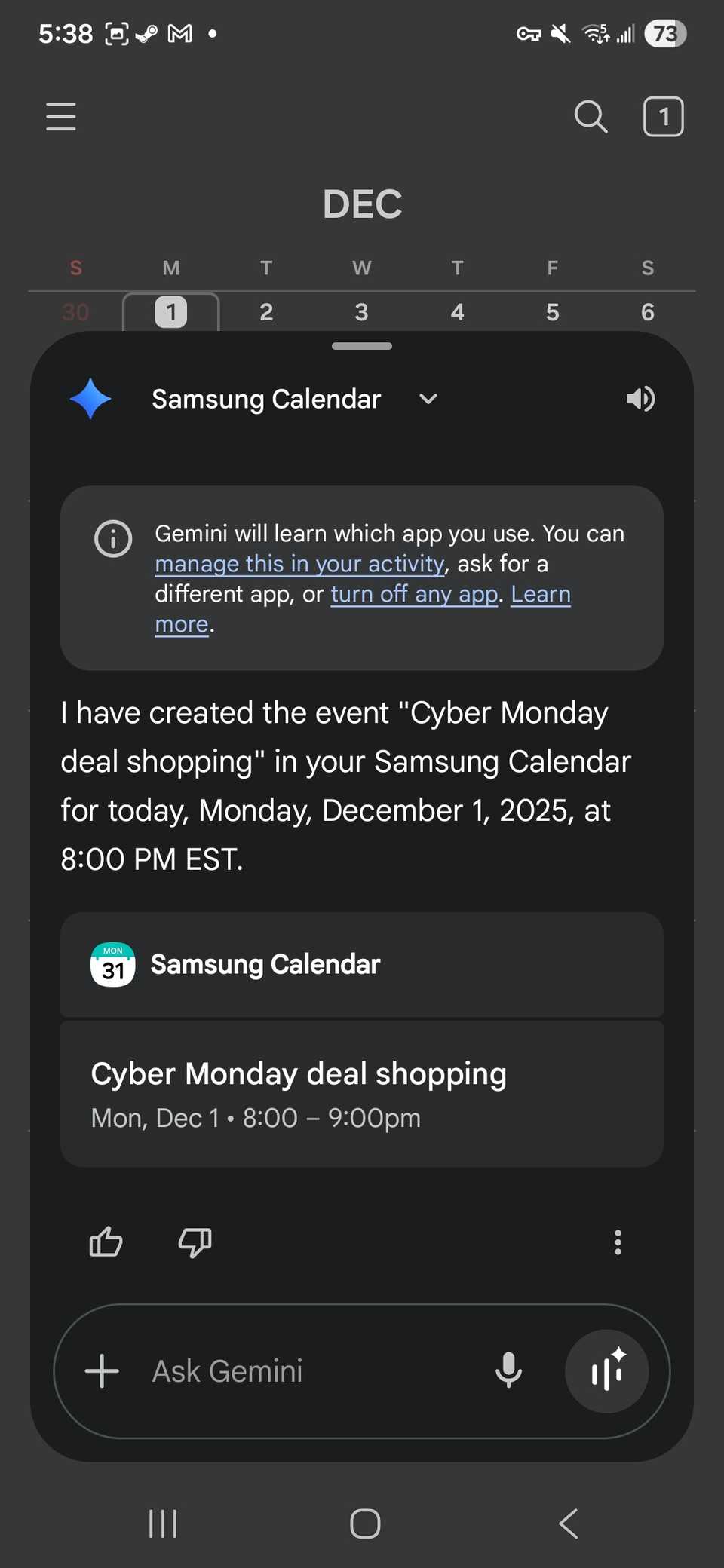 Aggiunta di un evento al Calendario Samsung con Gemini