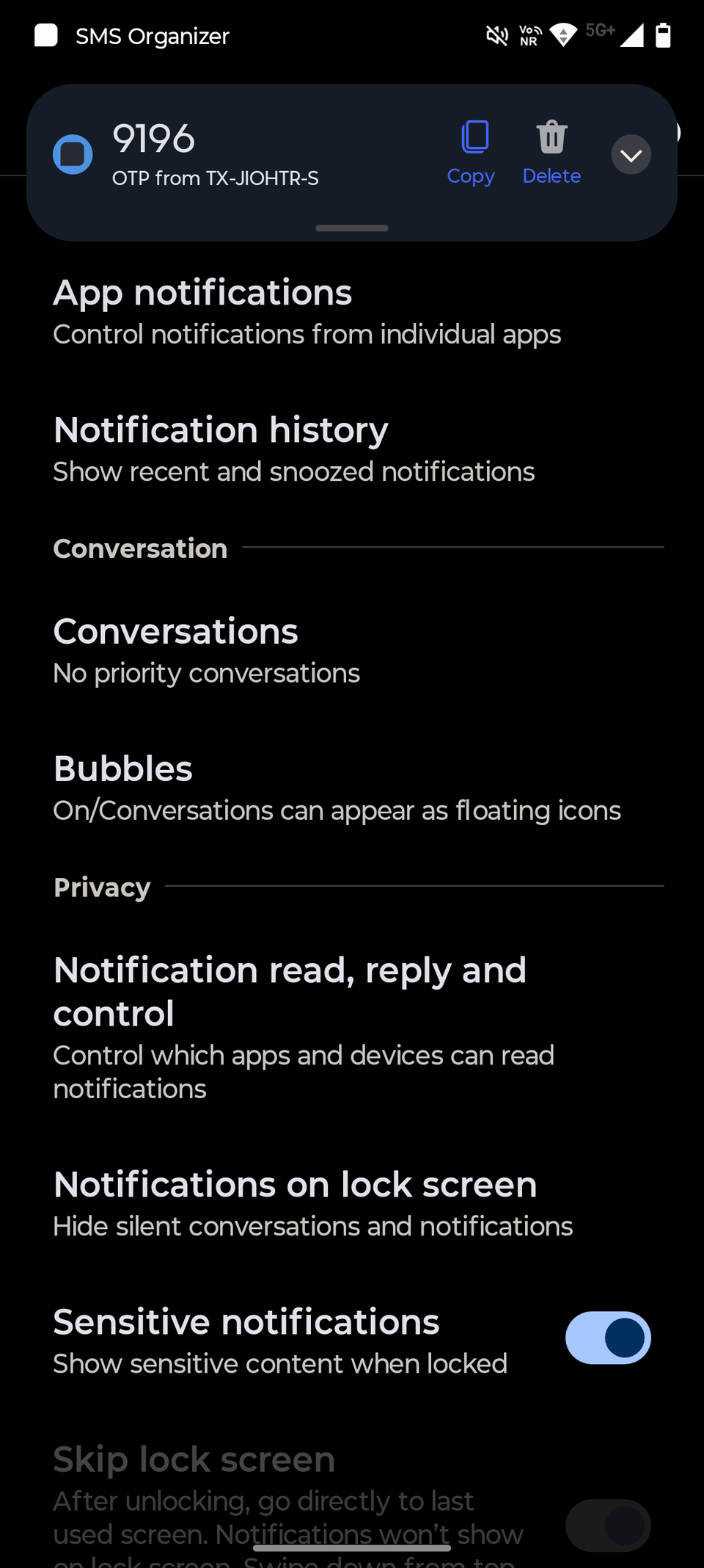 لقطة شاشة تعرض كلمة مرور لمرة واحدة (OTP) في معاينة إشعارات SMS Organizer