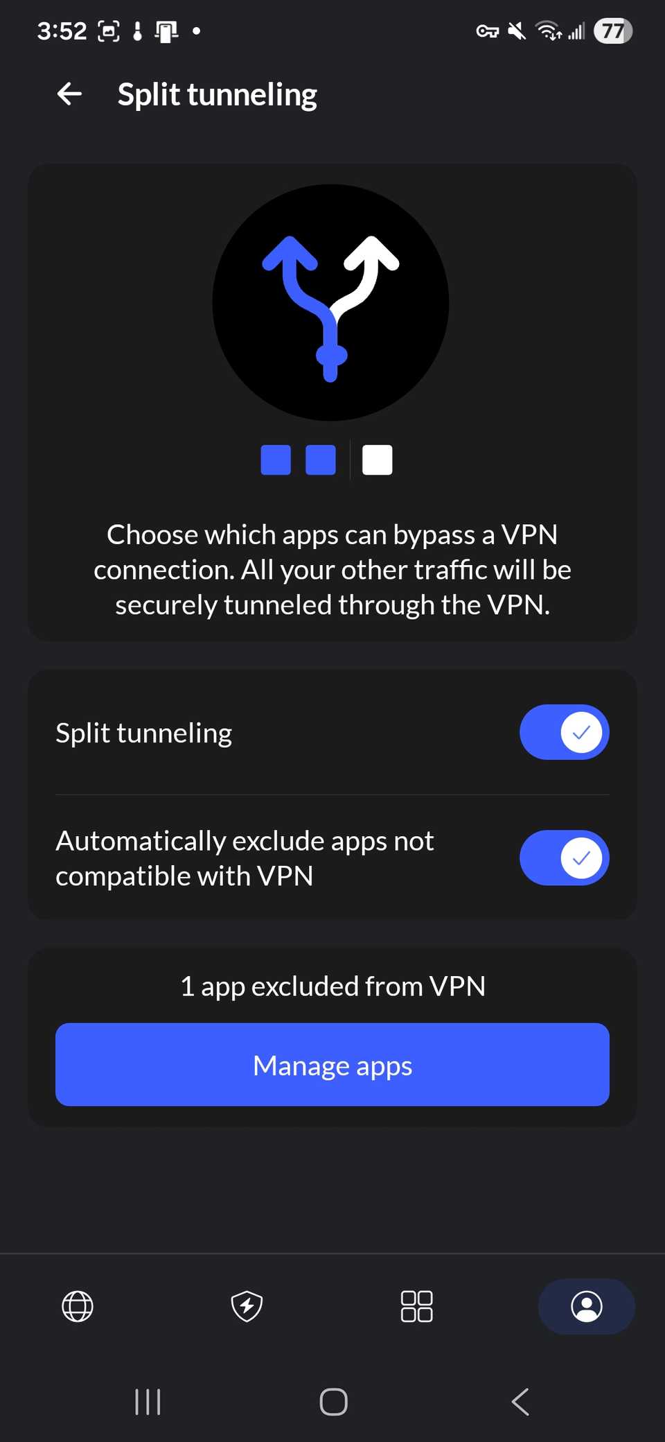 Dividi il tunneling ed escludi automaticamente le app non compatibili con la VPN, attiva/disattiva l'opzione Gestisci app