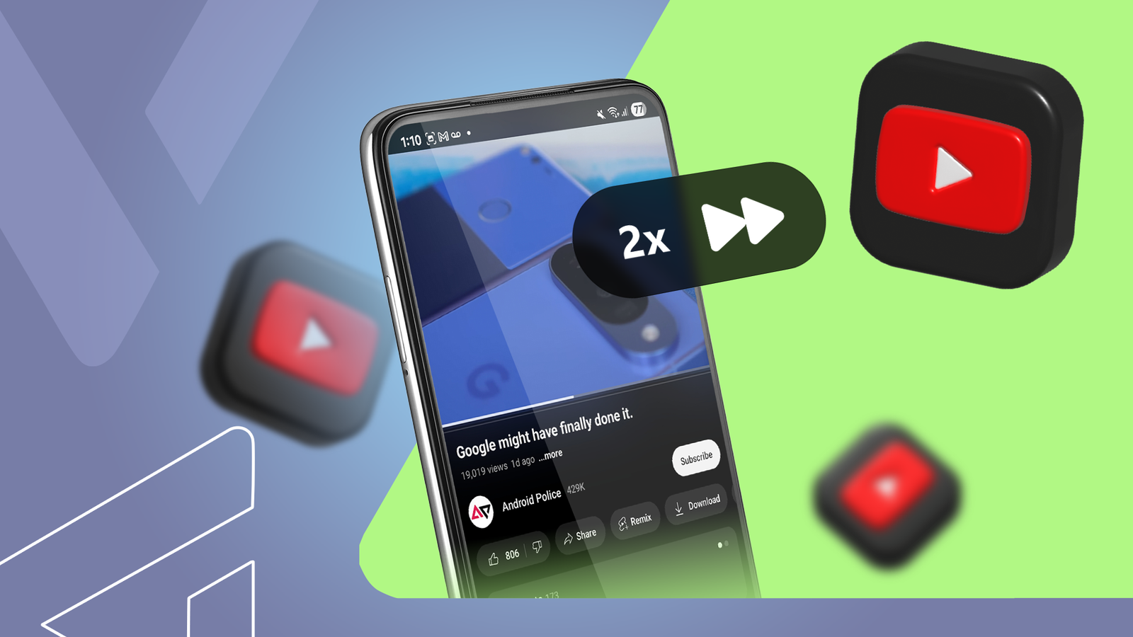 Smartphone displaying a YouTube video with a 2x playback speed overlay and floating 3D YouTube icons.