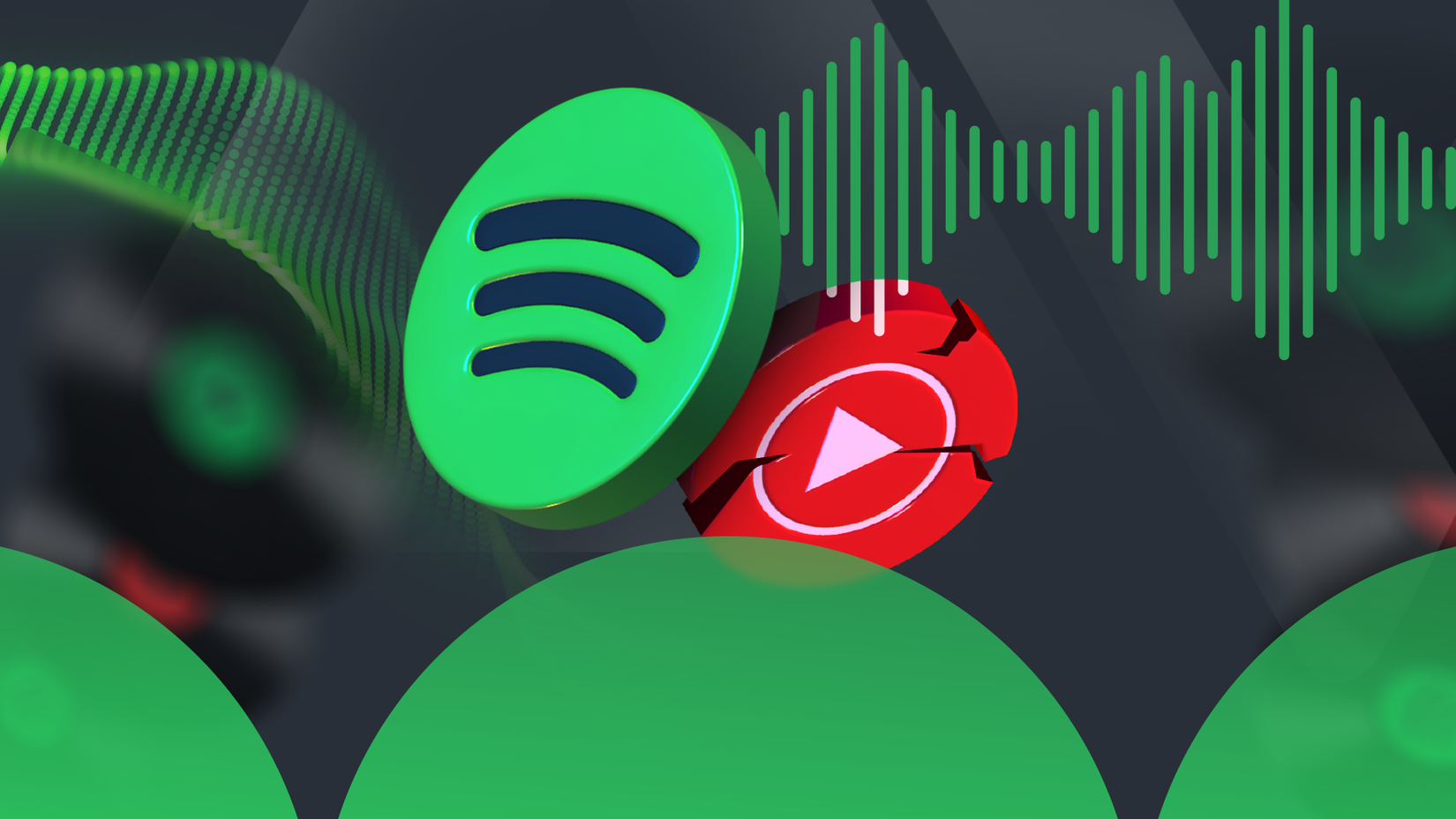 Logotipo do Spotify em frente a um logotipo vermelho rachado do YouTube Music contra um fundo de ondas sonoras.