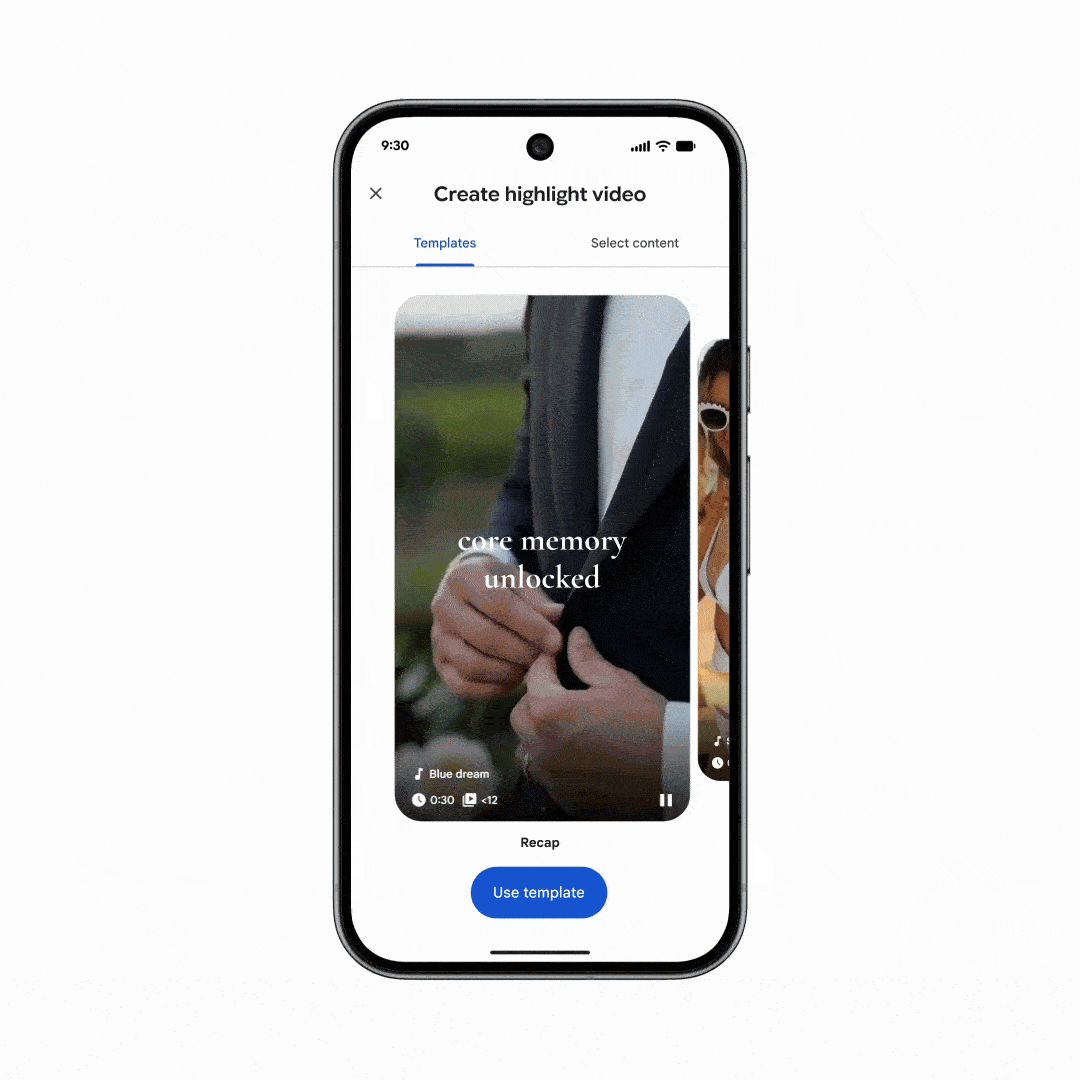 Um gif destacando os novos modelos do editor de vídeo do Google Fotos.