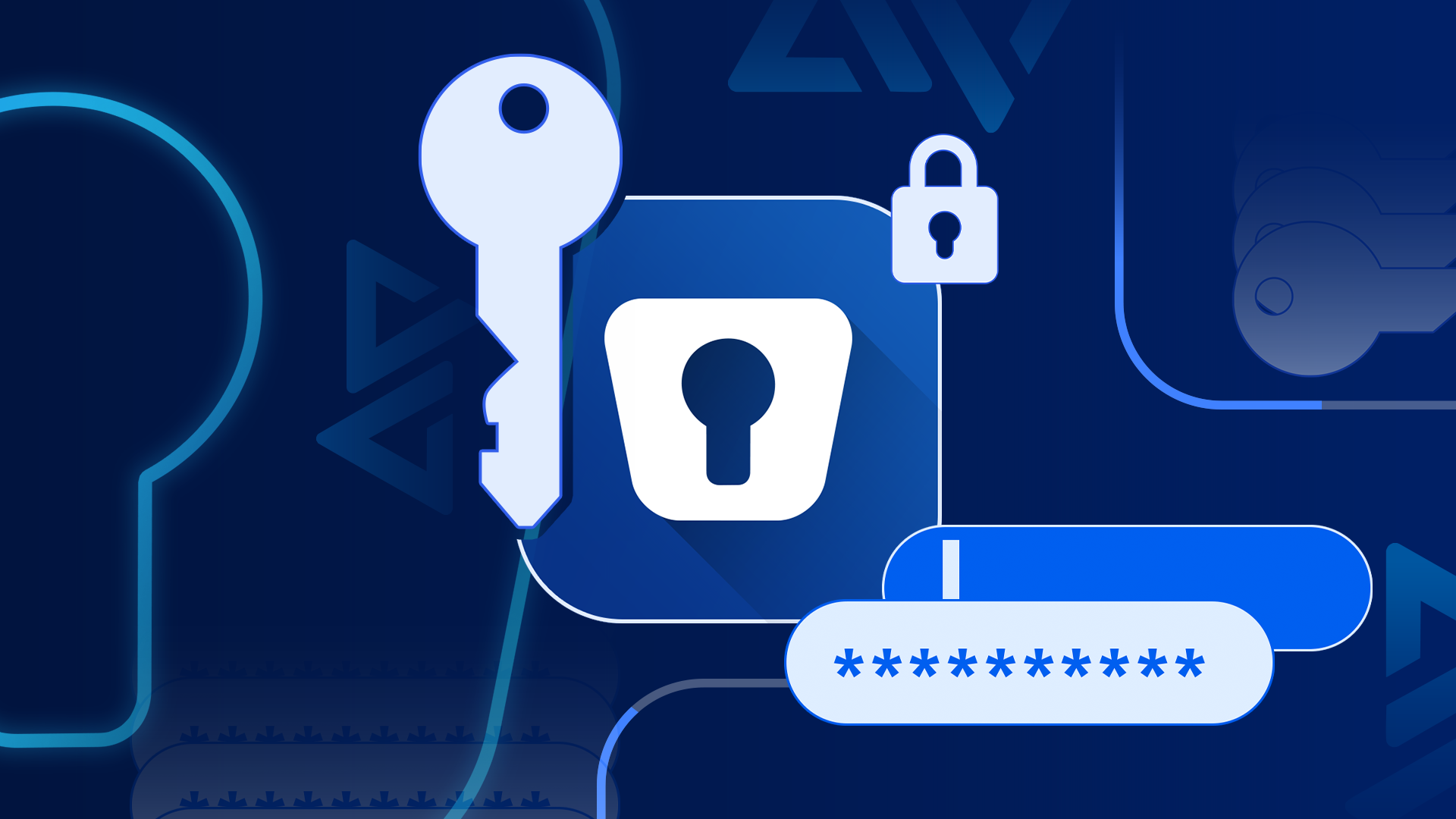 The Enpass logo surrounded by icons of a key, lock, and password field on a blue, security-themed background.