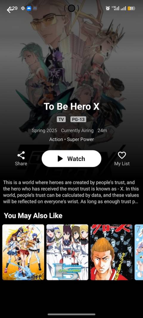 Pagina di anteprima dell'anime intitolato To Be Hero X sull'app AnimePulse