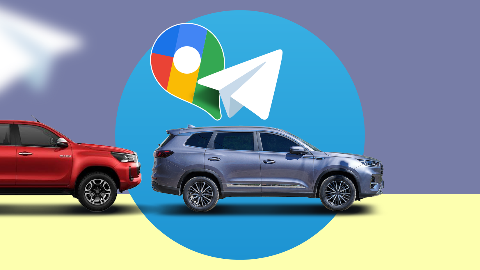 Dois carros dirigindo em um comboio sob o logotipo do Google Maps e Telegram acima deles.