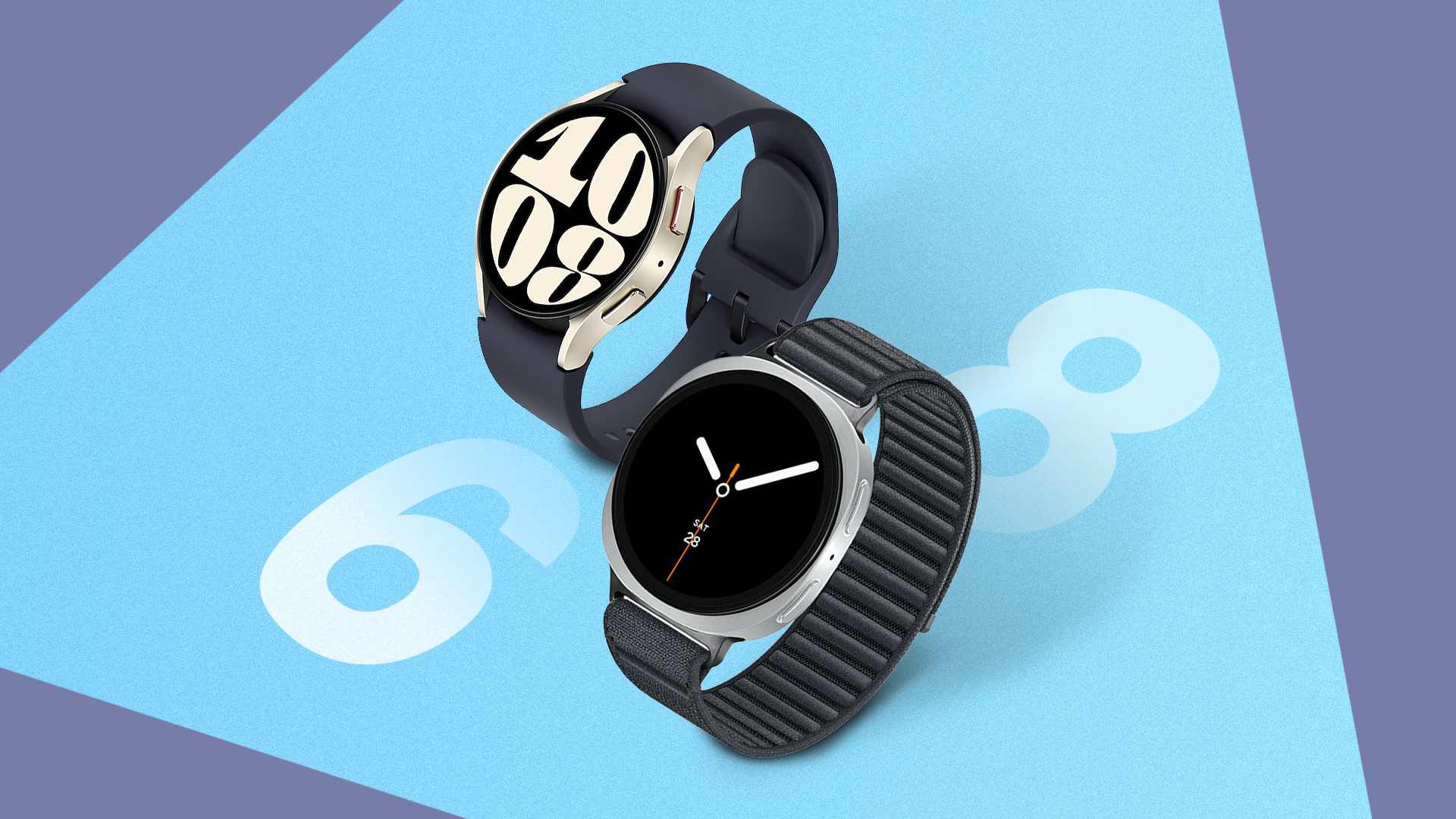 Two Samsung Galaxy smartwatches floating over a blue background with large '6' and '8' numerals.