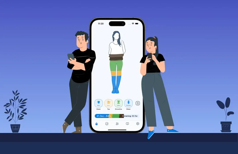 Illustration of the WaterMinder app interface displayed on a large smartphone, flanked by two people holding their own phones against a blue background.