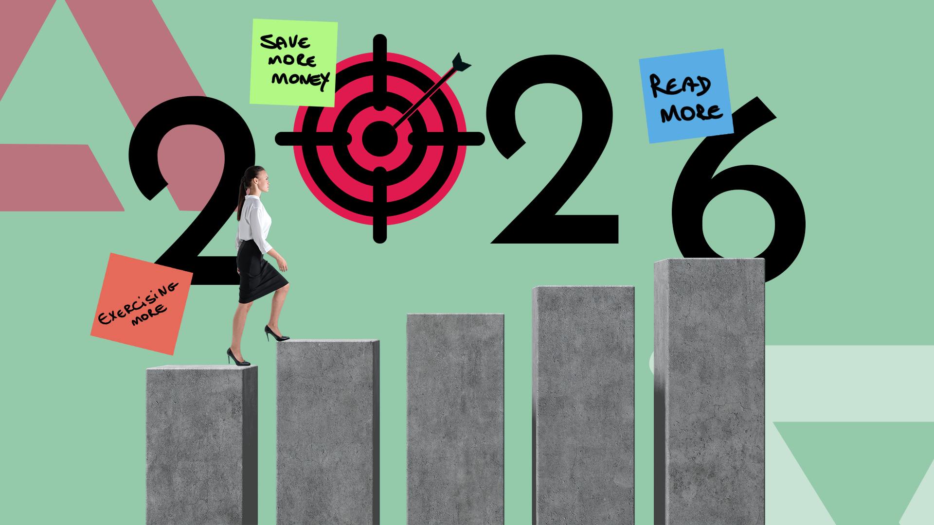 Woman climbing steps towards '2026' text with resolution sticky notes and a target icon.