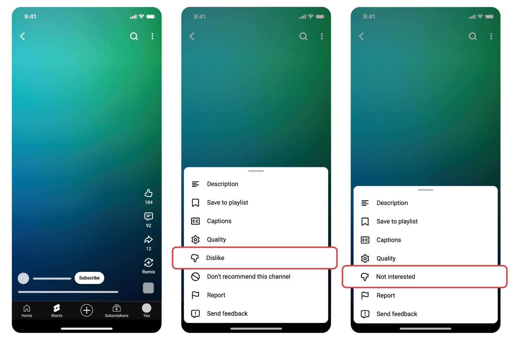 Screenshots highlighting YouTube's new dislike buttons.