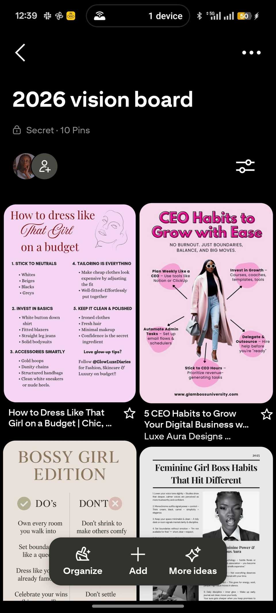 Lavagna visiva creata dagli utenti che mostra immagini a griglia di suggerimenti per le boss girls su Pinterest