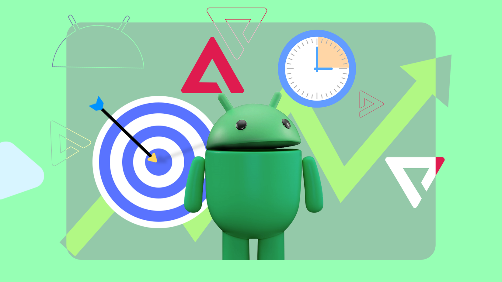 3D Android mascot surrounded by productivity icons like a target and clock.