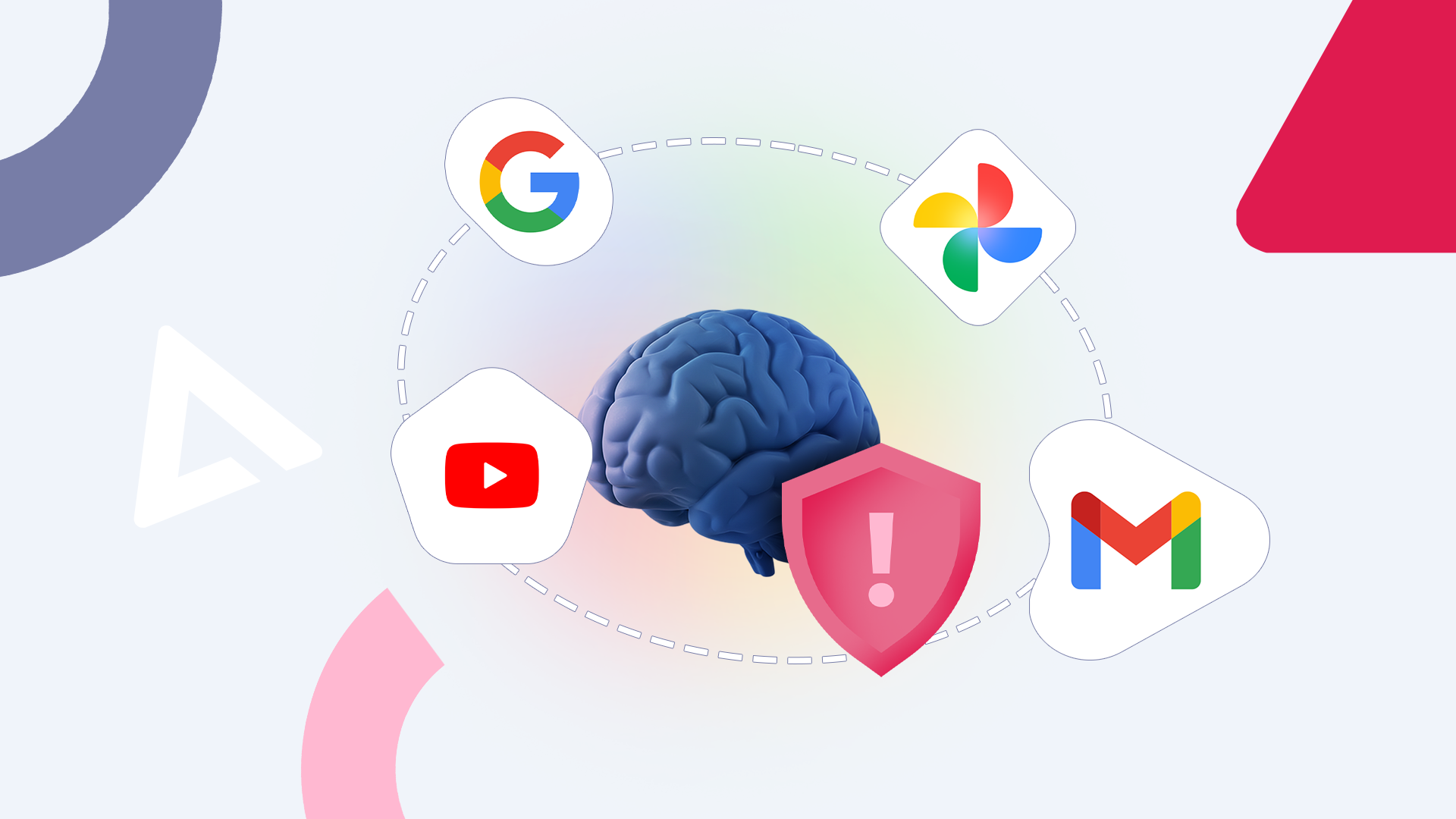 A blue brain surrounded by icons for Google, Photos, YouTube, and Gmail, with a red warning shield in the foreground.
