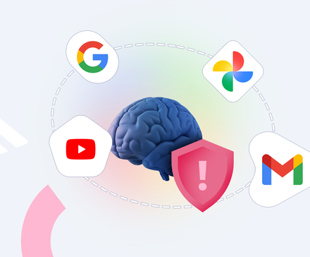 A blue brain surrounded by icons for Google, Photos, YouTube, and Gmail, with a red warning shield in the foreground.