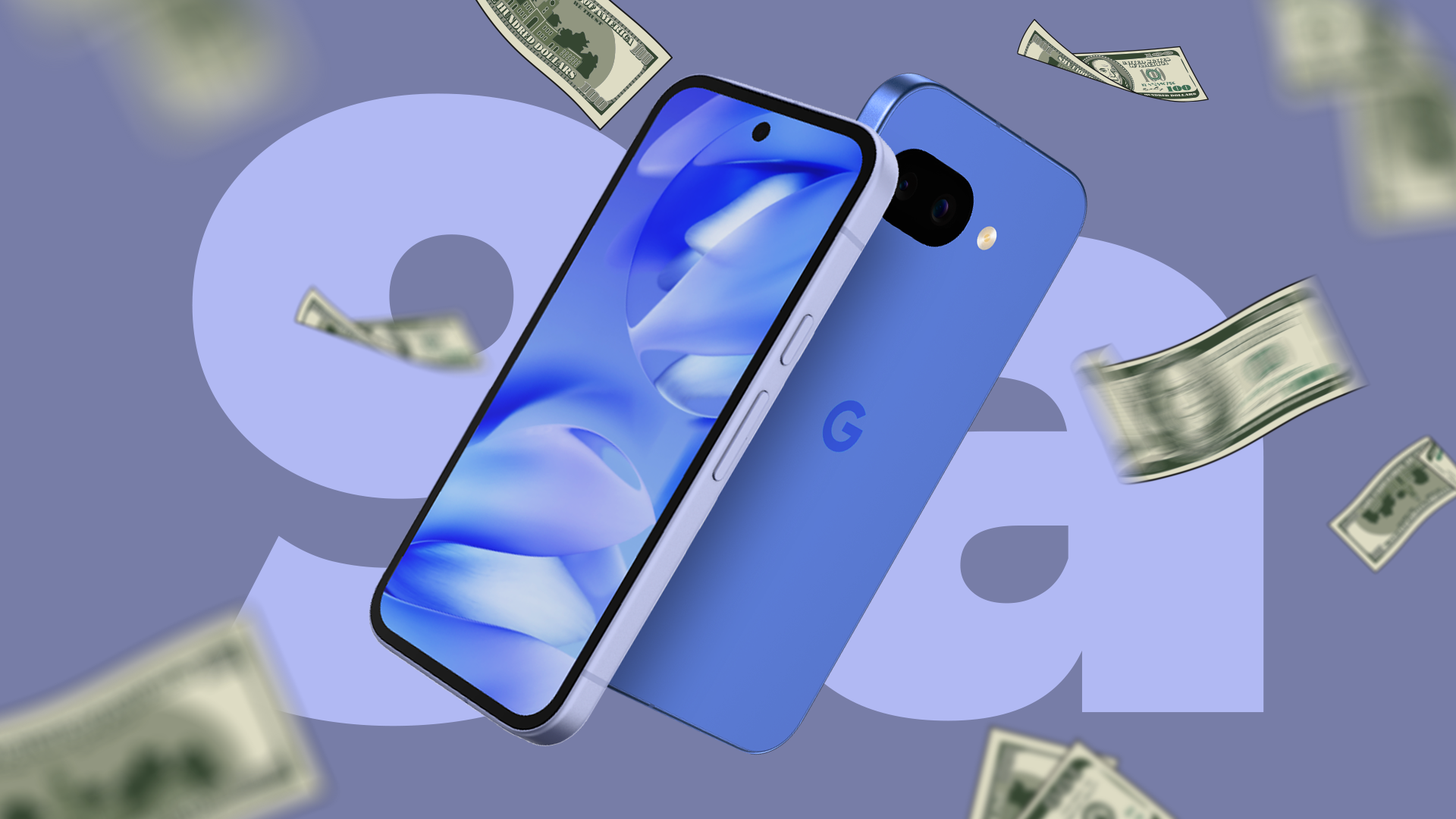 Um smartphone Google Pixel 9a azul cercado por notas de dólar caindo.