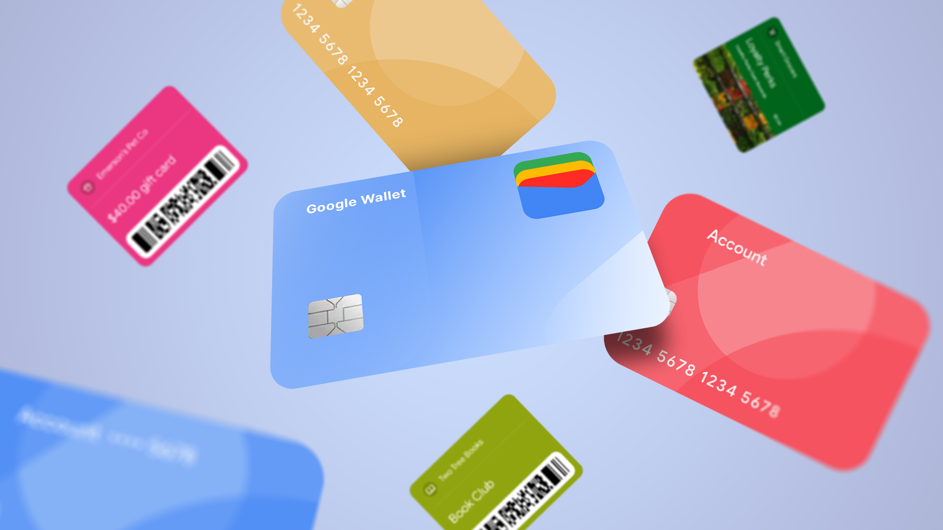A blue Google Wallet card surrounded by floating credit, gift, and loyalty cards