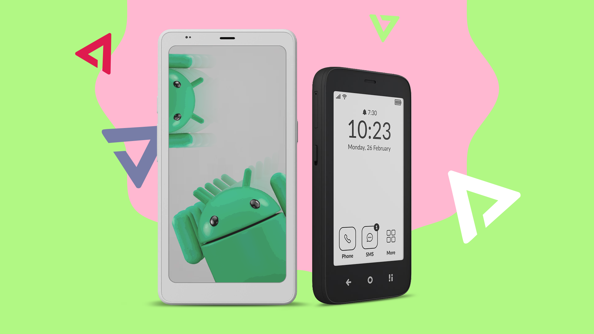 A Boox Palma 2 Pro displaying a blurry Android mascot standing next to a Mudita Kompakt on a light green background.