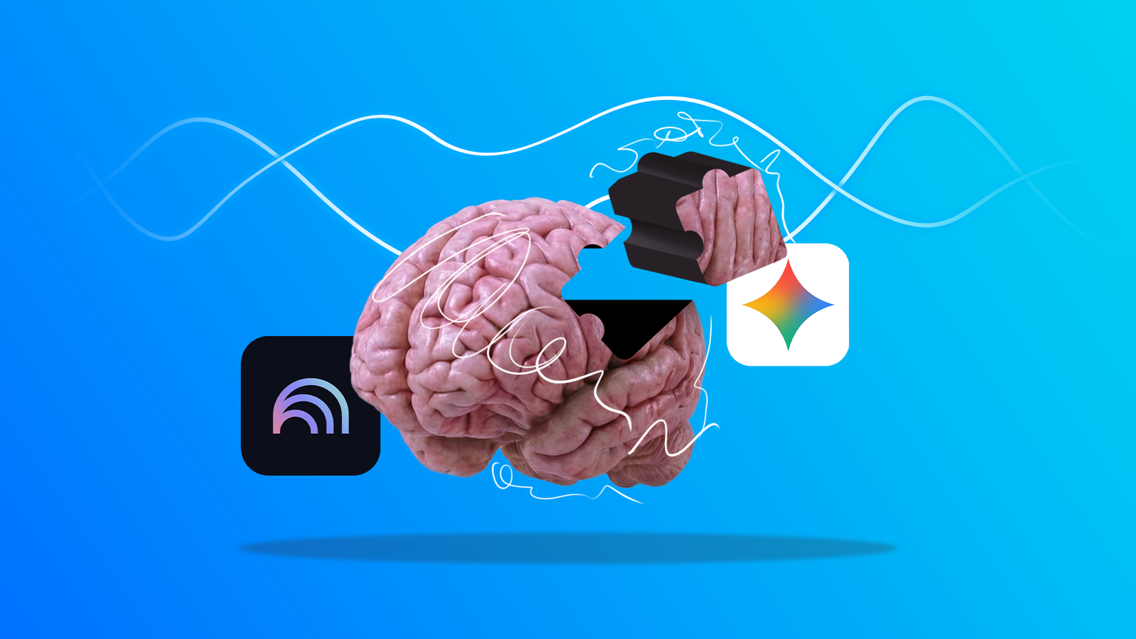 A brain with a missing puzzle piece being fitted, flanked by NotebookLM and Gemini icons.