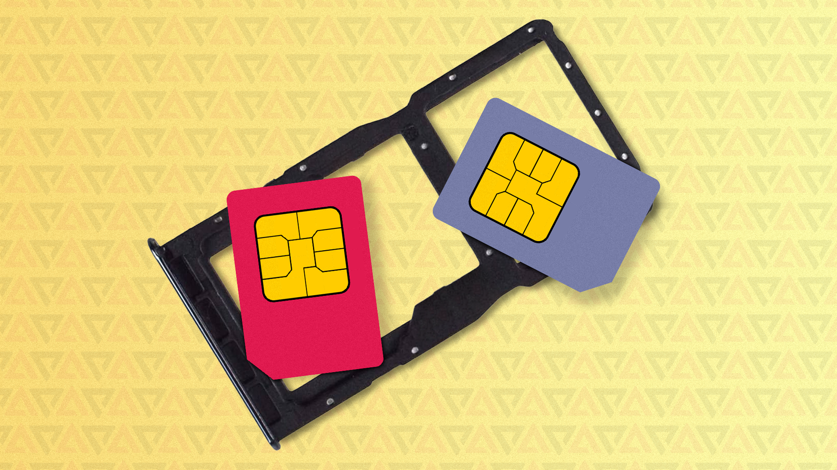 A dual SIM tray holding a red SIM card and a blue SIM card against a yellow background