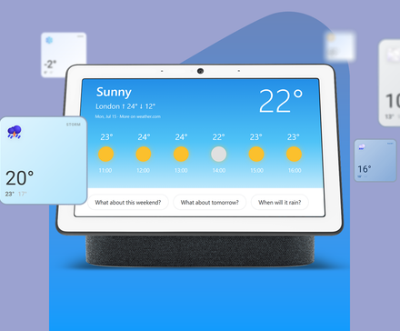 هذا هو تطبيق الطقس الأكثر دقة لنظام Android وهو ليس من Google تعرض شاشة Google Nest Hub توقعات الطقس المشمس مع العديد من أدوات الطقس العائمة التي تمثل درجات حرارة وظروف مختلفة.