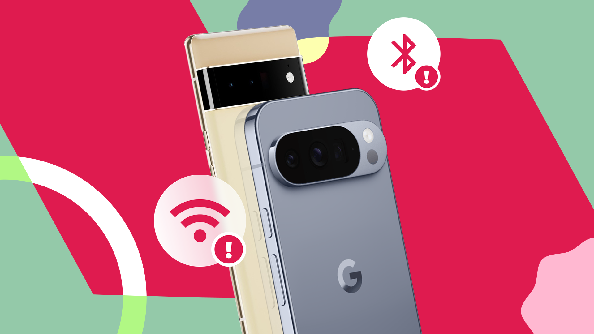 A Google Pixel 6 and a Google Pixel 10 alongside Wi-Fi and Bluetooth icons with red warning signs