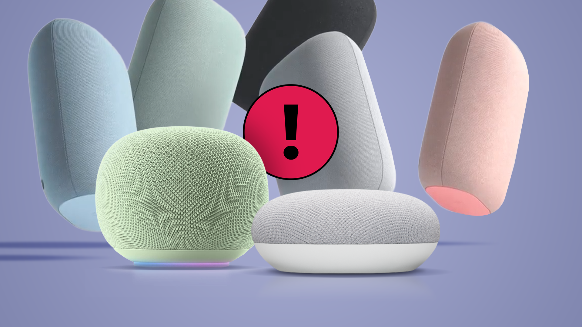A group of Google Home and Nest smart speakers floating around a large red exclamation mark icon.