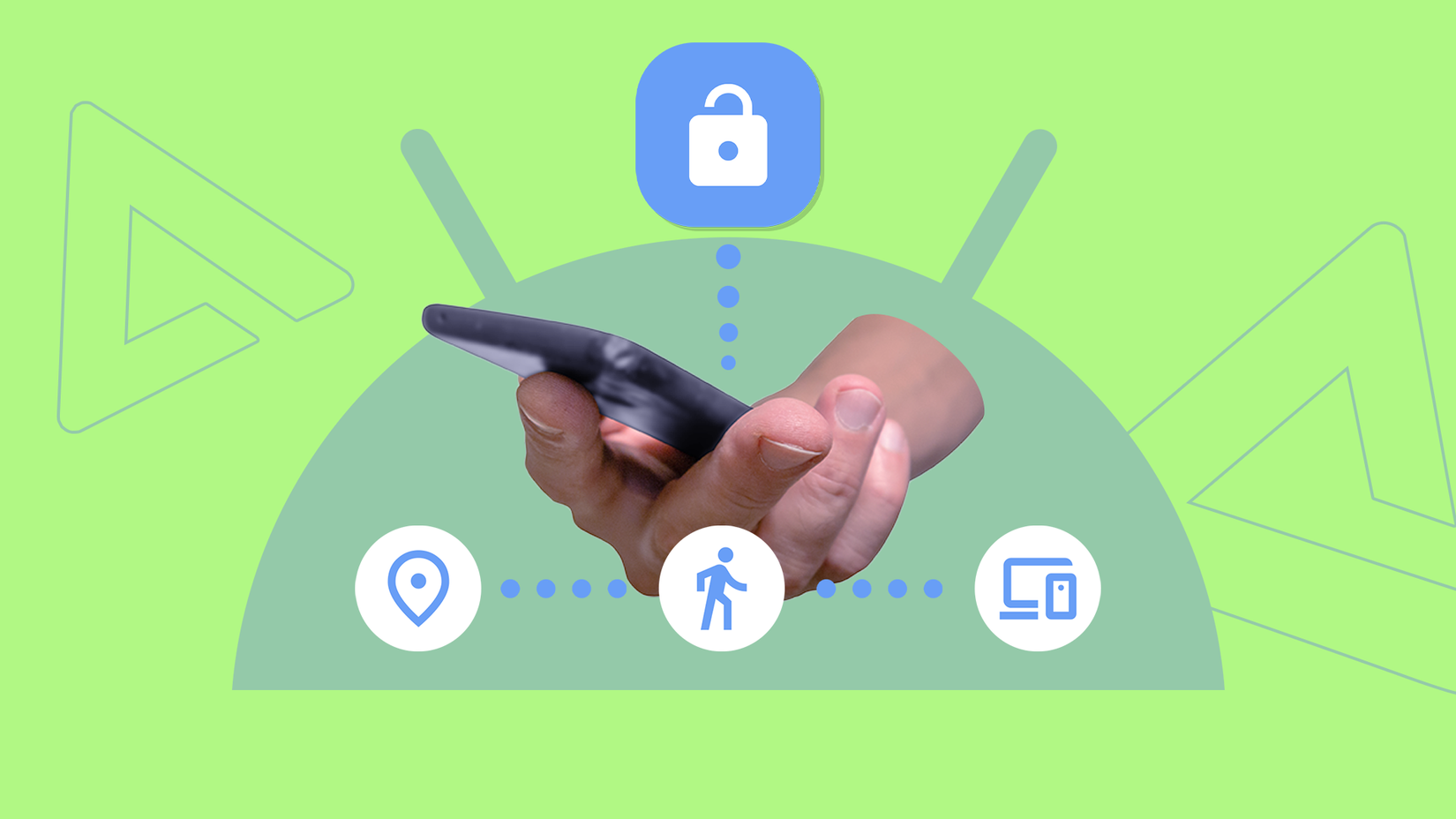 Una mano che tiene uno smartphone centrato sotto le icone che rappresentano posizioni attendibili, rilevamento del corpo e dispositivi attendibili per la funzionalità Android Extend Unlock.