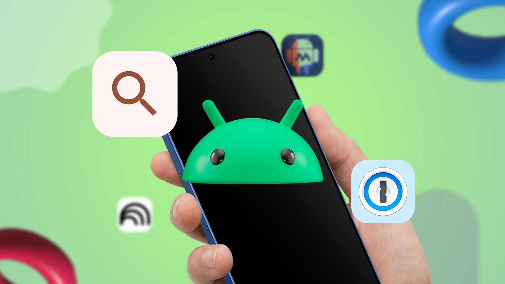 A hand holding a smartphone featuring a 3D Android robot, surrounded by floating icons for 1Password, Pixel Search, MacroDroid, and NotebookLM.