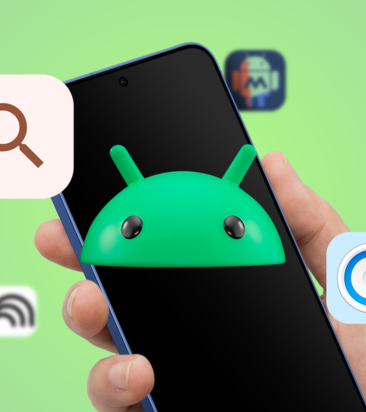 A hand holding a smartphone featuring a 3D Android robot, surrounded by floating icons for 1Password, Pixel Search, MacroDroid, and NotebookLM.