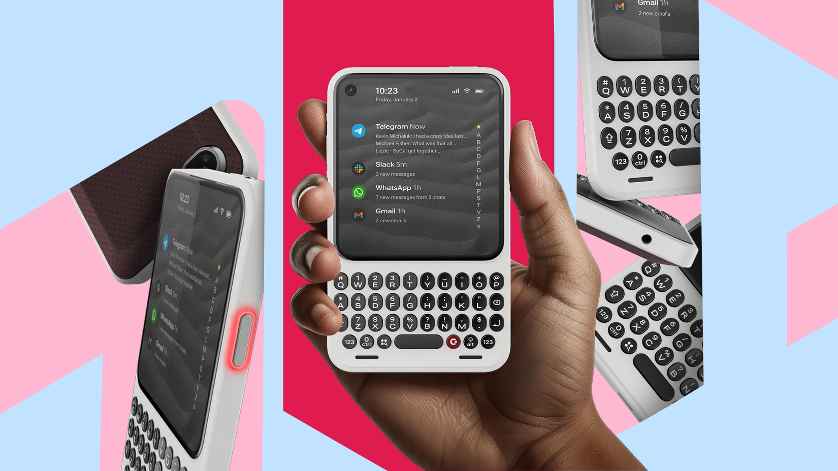 A hand holding the Clicks Communicator, flanked by highlighted angled views.