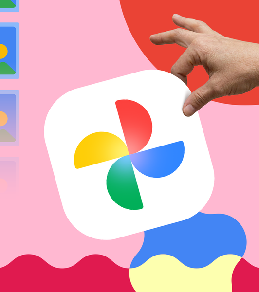 A hand holding the Google Photos logo in front of a colorful background filled with image thumbnails and geometric shapes.