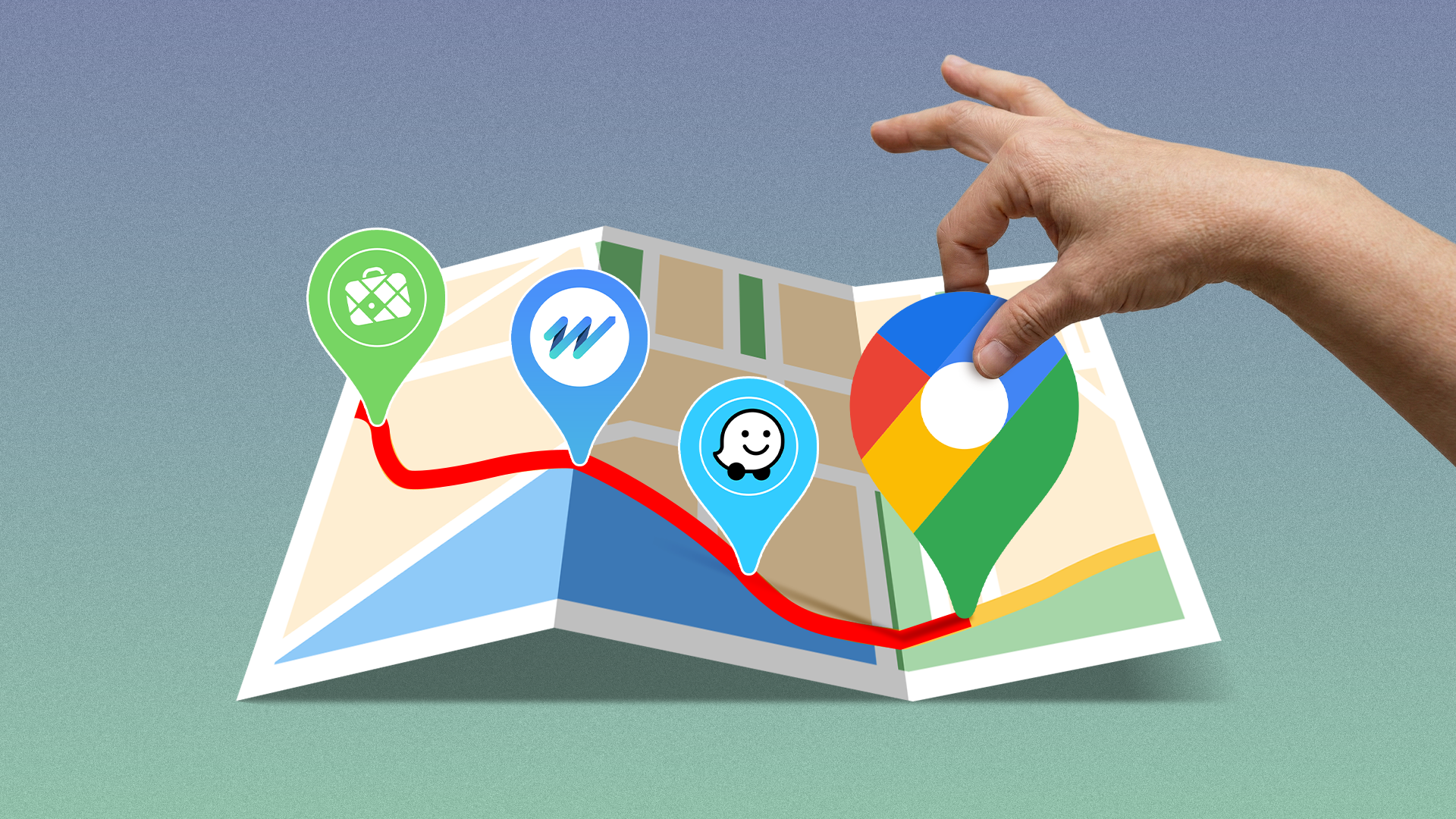 A hand places a Google Maps pin on a folded map route, alongside pins for Waze and other navigation apps.